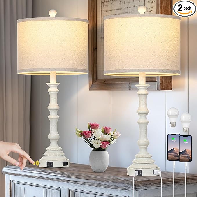 27.5" Tall Table Lamp for Living Room Set of 2, Vintage Farmhouse Table Lamps with USB C+A Ports, 3-Way Dimmable Touch Bedside Lamps, Tradition Bedroom Lamps for Nightstand Side End Table Desk, White
