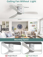 Sofucor Ceiling Fan, 52 Inch, Low Profile, DC, 3 Carved Wood Blades, Flush Mount, Noiseless, Reversible Motor, Remote Control, Without Light, Silver+Grey