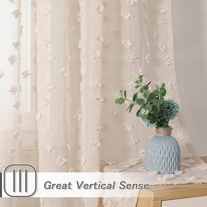 MYSKY HOME Beige Sheer Short Curtains with Pom Pom for Small Windows Bedroom Nursery Kids Girls Room Curtains Cafe Kitchen Light Filtering Boho Drapes, Rod Pocket,38 x 54 Inches, 2 Panels