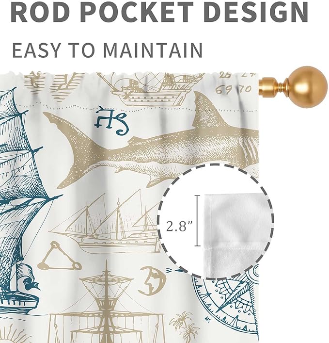 Vintage Nautical Curtains, Marine Coastal Sailboat Compass Anchor Ocean Beach Whale Old Pirate Map Decorative Drapes for Bedroom Living Room Kitchen Bathroom Window 2 Panels Set, 63"x72" Inch