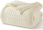 PHF 100% Cotton Waffle Weave Blanket Queen Size for Bed, Soft Lightweight & Breathable, All-Season Comfort, Luxury Aesthetic Woven Bedding for Home Decor, 90"x90", Cannoli Cream