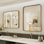 LOAAO 22X30 Inch Bathroom Mirror with Wood Grain Colored Metal Frame, Rounded Rectangle Metal Framed Bathroom Mirror, Anti-Rust, Hangs Horizontally or Vertically