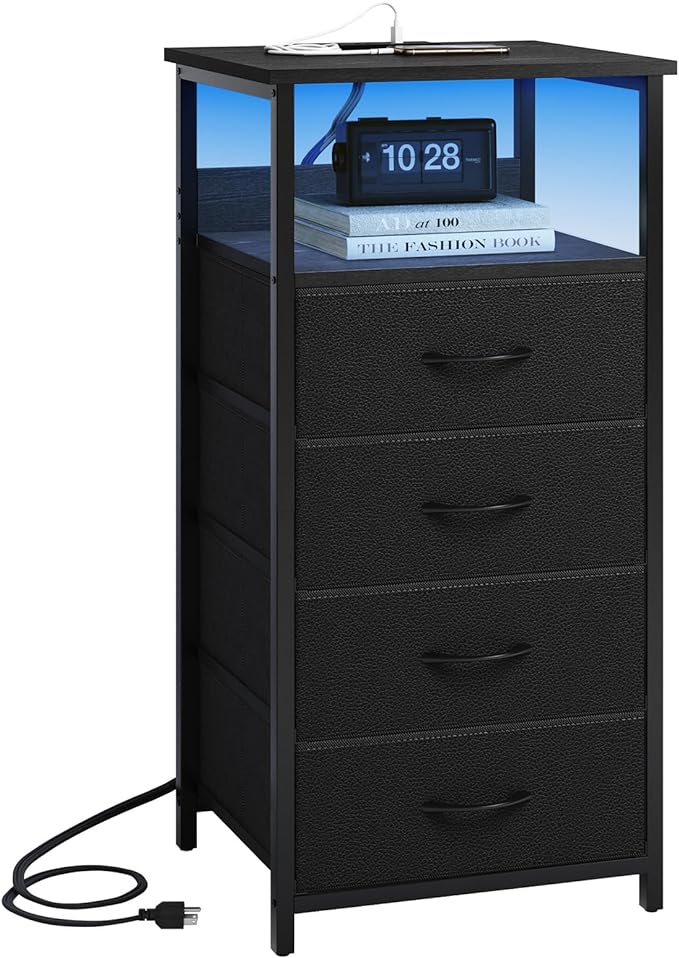 Fixwal Night Stand with Charging Station, Tall Nightstand with U-S-B Ports and Outlets, 4 Fabric Storage Drawers with PU Finish, Small Dresser Bed Side Table, Black