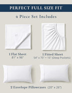 LANE LINEN 100% Organic Mercerized Cotton Pre Washed Full Size Bed Sheets, Soft & Comfy Low Pill Fade Resistance Fully Elasticized Oeko Tex Certified 15" Deep Pocket Full Sheet Set - White