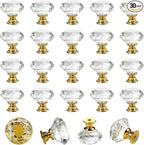 DEELF 30 Packs Kitchen Cabinet Knobs, 30 mm Crystal Cabinet Knobs, Diamond Dresser Handle Drawer Pulls, Dresser Knobs for Cabinets and Drawers, Gold Base