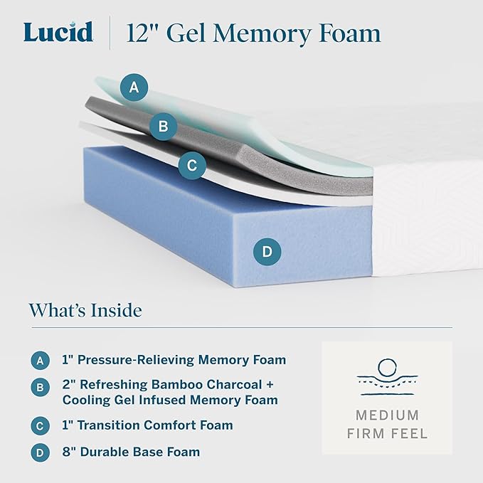 Lucid 12 Inch Memory Foam Mattress - Medium Firm Feel - Infused with Refreshing Bamboo Charcoal and Cooling Gel - Bed in a Box - Temperature Regulating - Pressure Relief - Breathable - Full Size