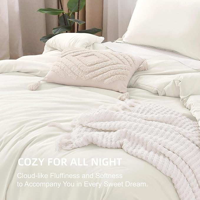 Litanika Ivory Comforter Set Full Size, 3 Pieces Lightweight Solid Bedding Comforter Set, All Season Fluffy Bed Set (79x90In Comforter & 2 Pillowcases)