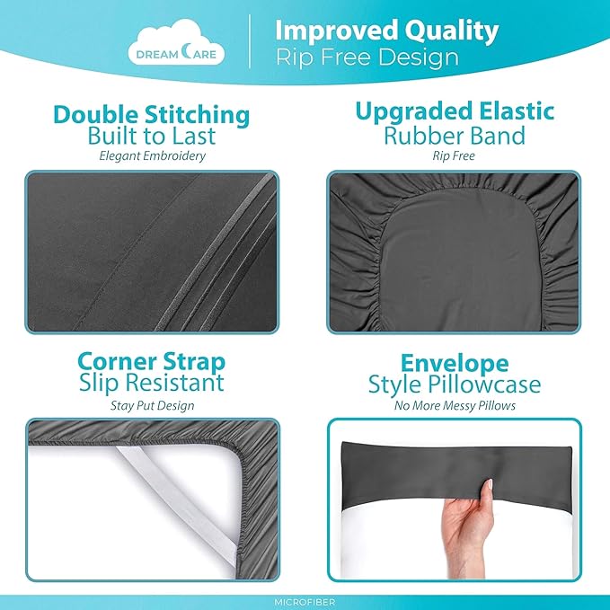 DREAMCARE Full Size Sheets - Cooling Bed Sheets - 4pcs Set - up to 15" Deep Pocket Full Sheet Set - Sheets Full Size Bed - Soft & Long Lasting 100% Fine Brushed Polyester with Side Pocket - Dark Gray
