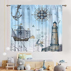 Nautical Curtains, Vintage Marine Coastal Sailboat Compass Anchor Ocean Beach Lighthouse Watercolor Blue Decorative Drapes for Bedroom Living Room Kitchen Bathroom Window 2 Panels Set, 42"x63" Inch
