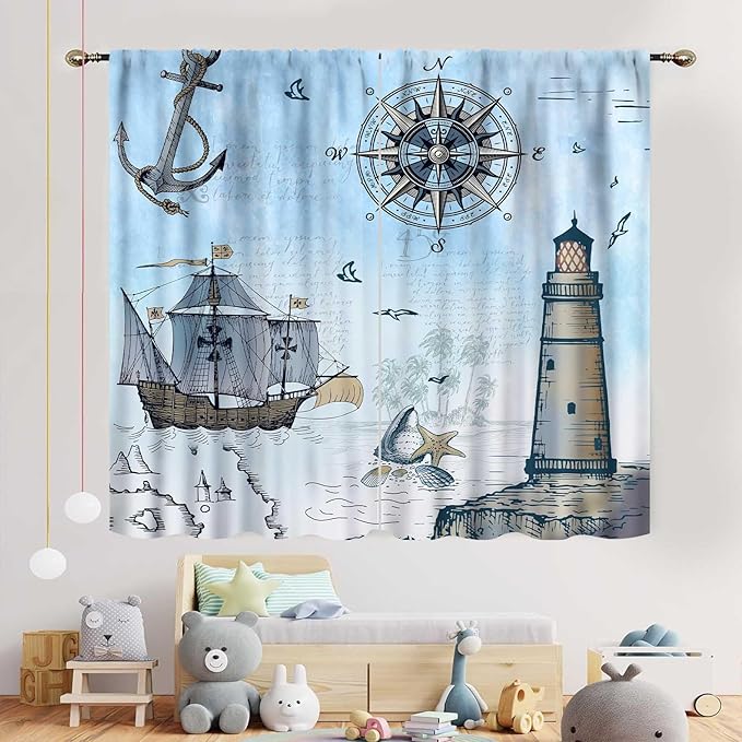 Nautical Curtains, Vintage Marine Coastal Sailboat Compass Anchor Ocean Beach Lighthouse Watercolor Blue Decorative Drapes for Bedroom Living Room Kitchen Bathroom Window 2 Panels Set, 42"x63" Inch