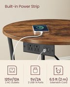 VASAGLE Side Table, 2-Tier Round End Table with Power Outlets, Nightstand with Steel Frame for Small Spaces, Living Room, Bedroom, Rustic Brown and Ink Black ULET077K01