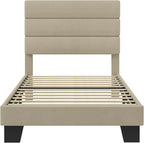 SHA CERLIN Twin Platform Bed Frame with Upholstered Fabric Headboard, Mattress Foundation with Strong Wooden Slats Support, No Box Spring Needed, Beige