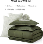 Monbix Queen Comforter Set - 7 Pieces Olive Green Bed in a Bag Queen Track Stitching Bedding Sets, All Seasons Down Alternative Comforter Bed Set with Sheets,Pillowcases & Shams
