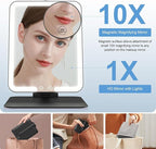 Gospire Travel Makeup Mirror with Lights and Magnification 10X, Portable Make Up Compact Tabletop with Adjustable Stand, 3 Colored Light Rechargeable Lighted LED Cosmetic Vanity- Black
