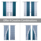 BONZER Mix and Match Curtains - 2 Pieces Branch Print Sheer Curtains and 2 Pieces Blackout Curtains for Bedroom Living Room Grommet Window Drapes, 54x84 Inch/Panel, Teal, Set of 4 Panels