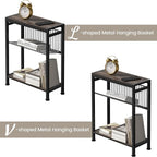Small Side Table Set of 2 for Small Space, 3-Tier Narrow End Tablewith Magazine Holder,Small Nightstand, Skinny Snack Couch Table in Living Room, Bedroom Study and Balcony(Ash Brown)