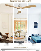 Sofucor 52 Inch Ceiling Fan with Lights and Remote Control-Modern Solid Wood Blade Ceiling Fan for Bedroom Living Room Indoor Outdoor Farmhouse Patio, Noiseless DC Motor, Sandy Nickel & Natural Wood