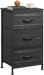 WLIVE Nightstand with 3 Drawers, Fabric Dresser, Organizer Unit, Storage Dresser for Bedroom, Hallway, Entryway, Closets, Steel Frame, Wood Top, Easy Pull Handle, Charcoal Black Wood Grain Print