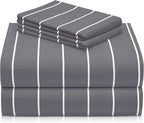 LuxClub 4 PC Cal King Size Sheet Set Bed Sheets, Breathable Luxury Deep Pockets Wrinkle Free Cooling Sheets Machine Washable Hotel Bedding (Cal King, Striped Light Grey)