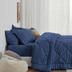 Love's cabin Queen Comforter Set Dark Blue, 7 Pieces Queen Bed in a Bag, All Season Bedding Sets with 1 Comforter, 1 Flat Sheet, 1 Fitted Sheet, 2 Pillowcase and 2 Pillow Sham