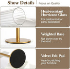 Glass Hurricane Candle Holders Set (3pcs)-Gold Metal Base Taper Candle Stick Holders for Candlesticks Holder Decor, Elegant Dining Table Centerpiece for Wedding, Christmas & Home Decor-Ribbed Glass