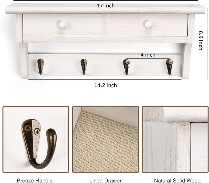 Emfogo Coat Hooks Wall Mounted, Rustic Wood Coat Rack Wall Mount Shelf with Hooks, Farmhouse Wall Coat Rack with Shelf & Coat Hook for Entryway, Mudroom, Bedroom, Kitchen, Bathroom (White)
