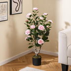 GOFLAME 3FT Artificial Camellia Tree, 2 Pack Faux Camellia Plant with Pink Flowers, Solid Wood Trunk, Realistic Moss, Greenery Potted Decoration Tree for Indoor Outdoor Home Porch Front Door