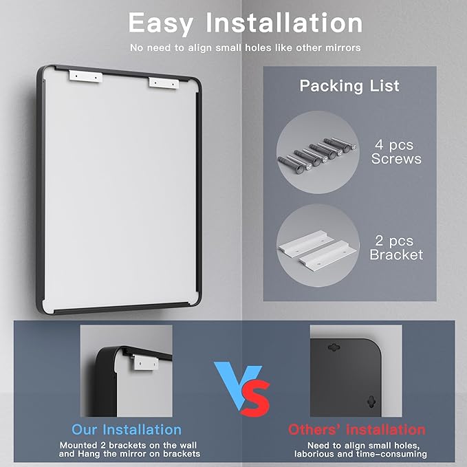 ISKM 32"x 36" Black Bathroom Mirror for Wall, Bathroom Vanity Mirror Anti-Rust, Tempered Glass, Rounded Rectangle Mirror(Horizontal/Vertical)