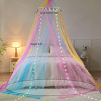 Obrecis Bed Canopy with Lights, Rainbow Bed Canopy for Girls Princess,Canopy Bed Curtains Bedroom Decor for Girls,Fits Single, Twin, Full, Queen Size Kids