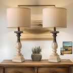 BOBOMOMO 27" Farmhouse Table Lamps with USB-A +C Ports, Vintage Rustic Side Table Lamps Set of 2, Linen Shade, Retro Bedside Night Stand Lamps for Living Room, Bedroom, Office, Home Decor