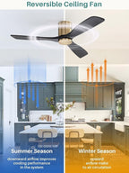 Sofucor 52 Inch Smart Ceiling Fan Without Lights Flush Mount Solid Wood Ceiling Fan with Alexa/Google Assistant/APP/Remote Control-Modern Outdoor Ceiling Fans No Light for Bedroom/Patio, Black Gold