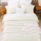 Litanika Comforters Ivory Oversized Queen Size, 3 Pieces Lightweight Solid Bedding Comforter Set, All Season Fluffy Bed Set (98x98In Comforter & 2 Pillowcases)