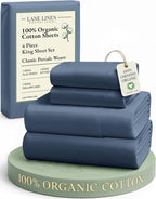 LANE LINEN 100% Organic Cotton Sheets for King Size Bed - Soft Percale Sheets, Breathable Luxury Hotel Style Machine Washable Fully Elasticized Mercerized 15" Deep Pocket King Sheet Set- Estate Blue