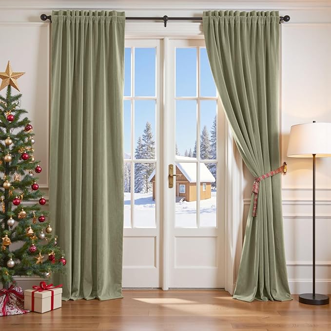 Lazzzy Velvet Blackout Curtains Thermal Insulated Room Window Drapes Super Soft Luxury Curtains for Living Room Bedroom Rod Pocket 2 Panels, Olive Sage, 52" W x 108" L