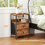 Furologee Nightstand with 2 Fabric Drawers, Night Stand with 2-Tier Shelf, Bedside Table with Hooks, Open Wooden Shelf, End Table for Bedroom, Backboard Design, Metal Frame, Rustic Brown