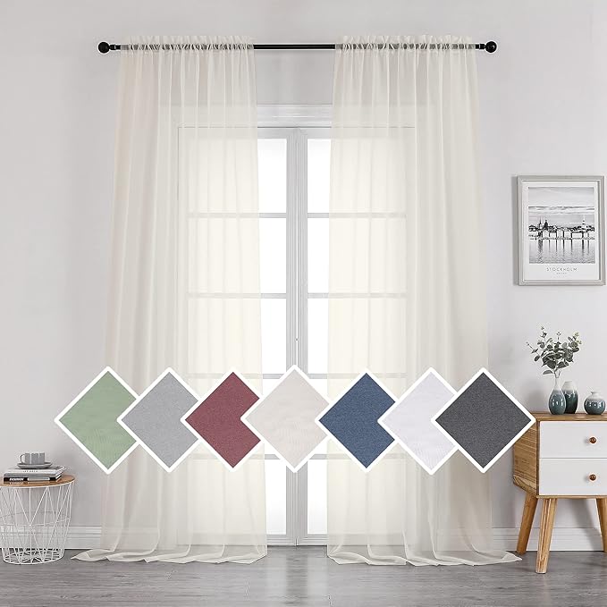 OVZME Sheer Ivory Curtains Light Filtering Window Drapes for Living Room Bedroom and Wedding Party, Voile Nice Vertical Sense Sliding Glass Door, Per Panel 42 by 96 Inch, Set of 2 Pieces