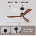 Obabala 60in Ceiling Fan with Light and Remote Outdoor Ceiling Fans Modern 3 Wood Blade Ceiling Fans Timer Reversible Silent DC Motor for Patios Farmhouse Bedroom