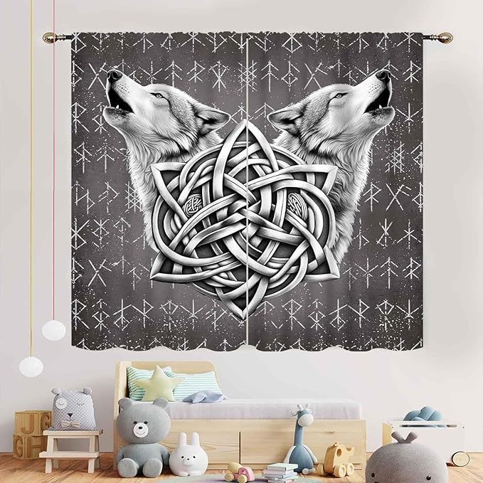 Viking Curtains, Gothic Nordic Wolf Celtic Rune Scandinavian Viking Runes Norse Mythology Aesthetic Retro Drapery for Bedroom Living Room Bathroom Window 2 Panel Set, 52"x84" Inch