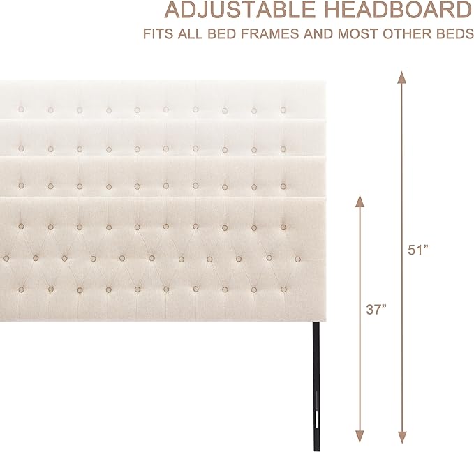 Tufted Upholstered Headboard Queen Size, Solid Wood Head Board with Durable Metal Legs, Adjustable Height Bed headboard from 37” to 51” Fabric Headboard in Modern Button Design, Beige