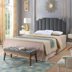 24KF Dark Gray Velvet Tufted Queen Upholstered Headboard, Modern Vertical Channel Design California Queen/Full Headboard with Stepped Silhouette Top Edge,Dark Gray