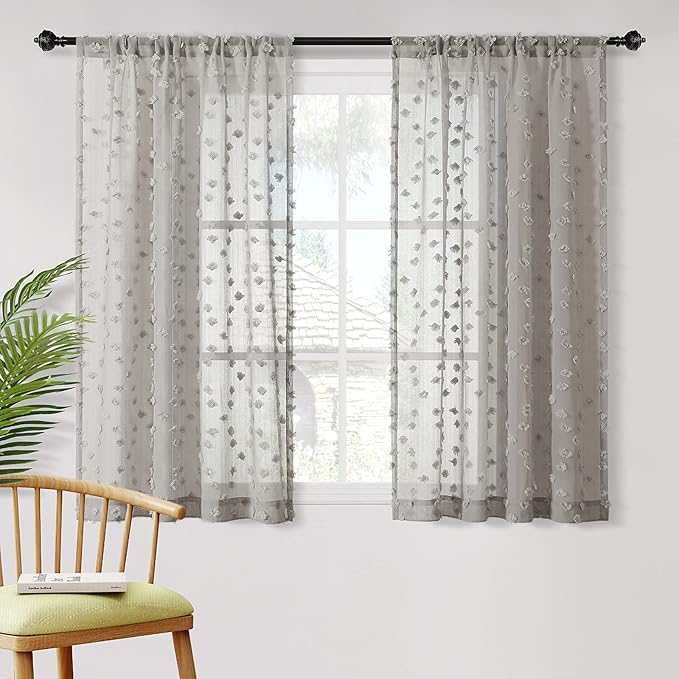 MYSKY HOME Grey Sheer Short Curtains with Pom Pom for Small Windows Bedroom Nursery Kids Girls Room Curtains Cafe Kitchen Light Filtering Boho Drapes, Rod Pocket,52 x 54 Inches, 2 Panels