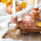 Pink Candlestick Holders 12PCS Ribbed Glass Taper Candle Holders Set for Tealight Candlestick Candles, Table Centerpieces for Weddings Christmas Home Decor Indoor and Outdoor