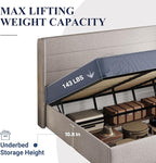 Allewie King Size Lift Up Storage Bed, Modern Wingback Headboard, Hydraulic Support, No Box Spring Needed, Light Beige
