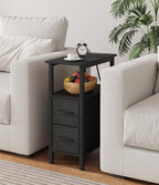 Narrow Side Table for Small Spaces, Skinny End Table with Charging Station, Sofa Beside Table with 2 Fabric Drawers and 1 Open Compartment, Slim Nightstand with USB Ports Outlet, Black UTBT004B