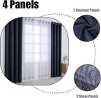 BONZER Mix and Match Curtains - 2 Pieces Branch Print Sheer Curtains and 2 Pieces Blackout Curtains for Bedroom Living Room Grommet Window Drapes, 37x84 Inch/Panel, Grey Dark, Set of 4 Panels