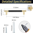 Knurled Cabinet Pulls 6 Pack, 5 Inch Long Cabinet Handles Metal Door Pulls, Kitchen Drawer Pull Knurled Dresser Handles - 3 3/4" Hole to Hole, Black & Gold