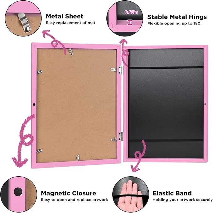 KINLINK 8.5x11 Kids Art Frames Set of 2, Solid Wood Kids Artwork Frames Changeable with Acrylic Front Opening Holds 150 Pictures, Art Frame for Kids Artwork with Mat or without Mat, Pink