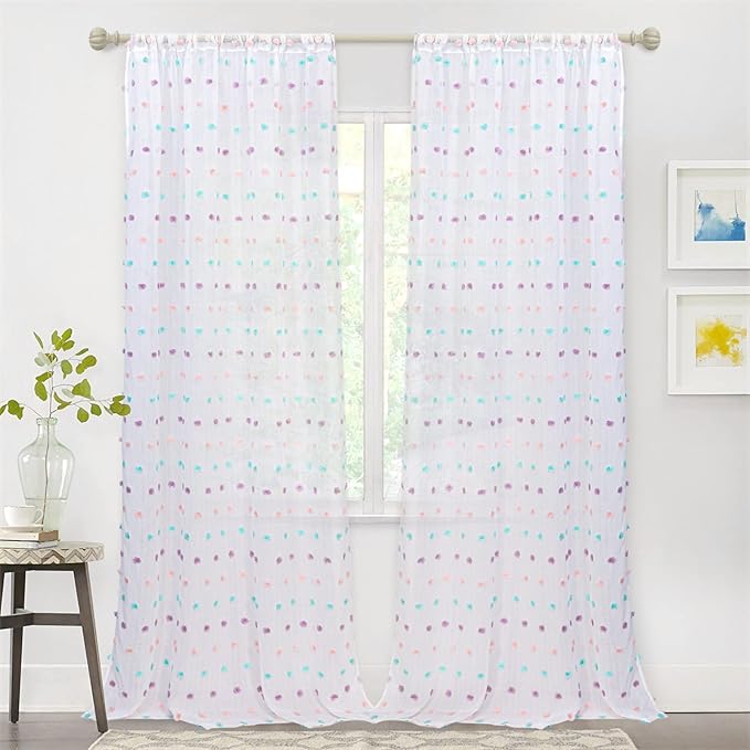 MYSKY HOME Rainbow Pom Pom Curtains for Living Room Light Filtering 90 Inch Long Bedroom Curtains for Nursery Girls Kids Room Rod Pocket Bohemian Voile Window Drapes 52 x 90 inch 2 Panels