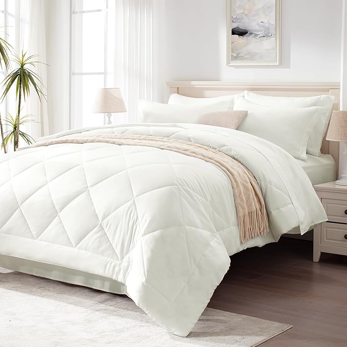 Love's cabin King Size Comforter Set Ivory, 7 Pieces King Bed in a Bag, All Season Bedding Sets with 1 Comforter, 1 Flat Sheet, 1 Fitted Sheet, 2 Pillowcase and 2 Pillow Sham