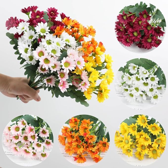 Artificial Mums for Outdoors, Faux Sunset Mum Flowers Planters for Indoor Outside Decor, Fake Look Real, Vibrant, UV Resistant, Waterproof, Windproof (Orange, 5 Bundle)